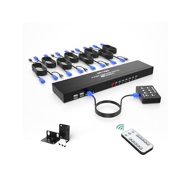 مفتاح MT-VIKI KVM ذو 8 منافذ HDMI، بدقة 4K@30Hz، وحدة تحكم عن بعد بالأشعة تحت الحمراء، وحدة تحكم مكتبية سلكية، 8 كابلات HDMI KVM، حوامل تثبيت، أسود.