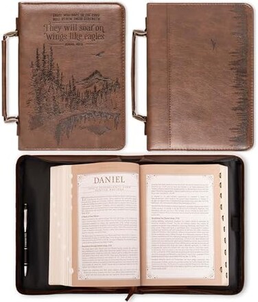 Christian Art Gifts Men's Classic Bible Cover On Wings Like Eagles Mountain Isaiah 40:31, Brown Faux Leather, Large.