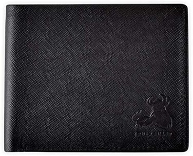 BULL GUARD Mens RFID Leather Wallet Bifold with Flip Up ID in Black Saffiano Leather.