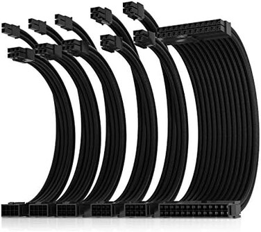 ASIAHORSE 16AWG Pro Power Supply Sleeved Cable for Power Supply Extension Cable Wire Kit 1x24-PIN/ 2x8-PORT (44M/B,3x8-PORT (62PCI-E 30cm Length with Combs(Dual EPS Black.