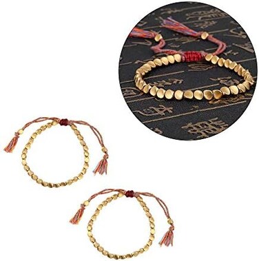 Acxico 2Pcs Tibetan Buddhist Braided Cotton Copper Beads Lucky Rope Bracelet Bangle.