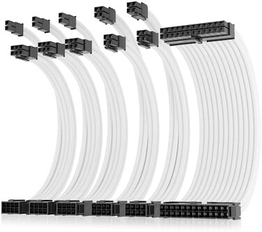 ASIAHORSE 16AWG Pro Power Supply Sleeved Cable, White Power Supply Extension Cable Dual EPS Kit, 1x24-PIN/ 2x8-PORT (44M/B,3x8-PORT (62PCI-E, 30cm Length with 2 Set of Combs.