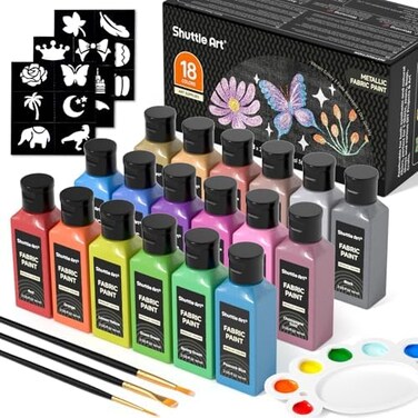 Shuttle Art Metallic Fabric Paint, 18 Metallic Colors Permanent Soft Fabric Paint in Bottles (60ml/2ozwith Brush and Stencils, Non-Toxic Textile Paint for T-shirts, Shoes, Jeans, BagsDIY Projects.