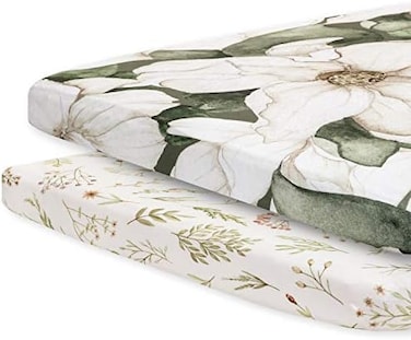 Pobibaby - 2 Pack Premium Pack N Play Sheets Fitted for Standard Pack and Plays and Mini Cribs - Ultra-Soft Cotton Blend, Stylish Floral Pattern, Safe and Snug for Baby (Zephyr.