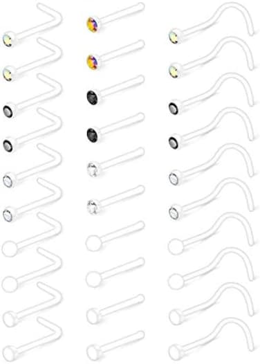 Mayhoop 20G 30Pcs Bioflex Clear Nose Rings Retainer Nose Piercing Retainer Mix Color CZ Body Jewelry Piercing for Women Men.