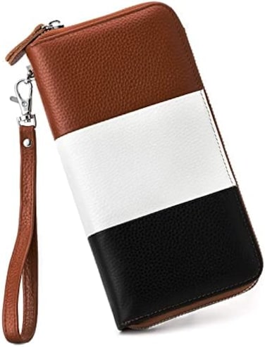 Moflycom Womens Wallet RFID Blocking Genuine Leather Multi Credit Card Large Capacity Zip Around Clutch Travel Purse Wristlet, Brown/White/Black, Large, Rfid Wallet.