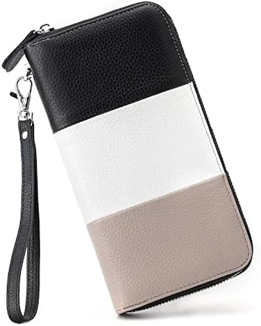 Moflycom Womens Wallet RFID Blocking Genuine Leather Multi Credit Card Large Capacity Zip Around Clutch Travel Purse Wristlet, Black/White/Grey, Large, Rfid Wallet.