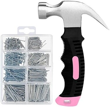 KURUI 560PCs Small Nails for Hanging Pictures Assortment KitPink 8oz Small Hammer for Women, Mini Pink Hammer Set With Hardware Nails Assorted Set, 280 Wall Nails280 Finishing Nails.