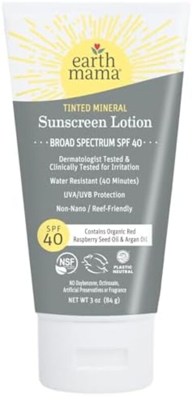 Earth Mama Tinted Mineral Sunscreen Lotion SPF 40, Contains Organic Argan and Red Raspberry Seed Oil, 3-Ounces.