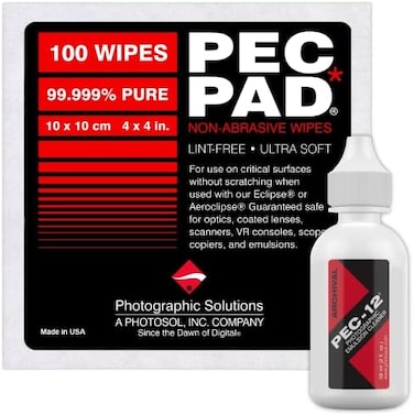مجموعة تنظيف المستحلب PEC 12 من Photographic Solutions ومناديل PEC PAD الخالية من الوبر وغير الكاشطة 4 بوصة × 4 بوصة 100 ورقة لكل عبوة لتنظيف الأفلام، والنيجاتيف الفوتوغرافي، وشرائح الأبيض والأسود بطر