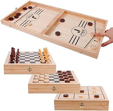 Juegoal 4-in-1 Wooden Fast Sling Puck Set for Kids and Adults, Chess, Checkers, Tic Tac Toe Games, Travel Portable Folding Tabletop Chess Board Game Sets, Interactive Families Toys.