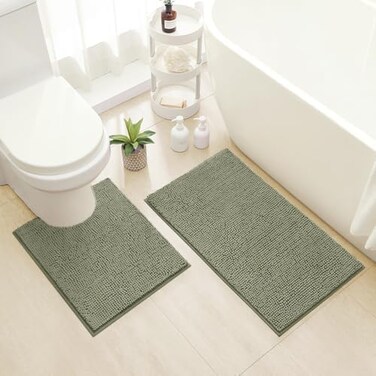 HOMEIDEAS Bathroom Rugs Set 2 Pieces, Ultra Soft Non Slip Absorbent Chenille Toilet Bath Mat Set (Sage Green.