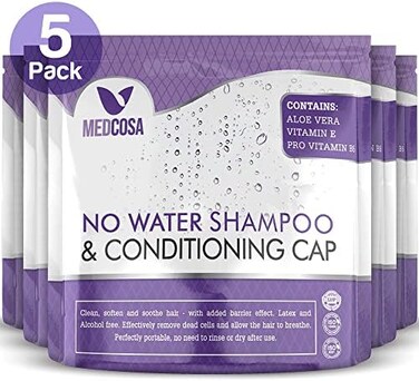 Medcosa No Water Shampoo Caps - Hassle-Free Hair Washing Caps for Elderly - Shampoo Caps for Bedridden - Aloe, Vitamin E, Chamomile - 5-Pack.