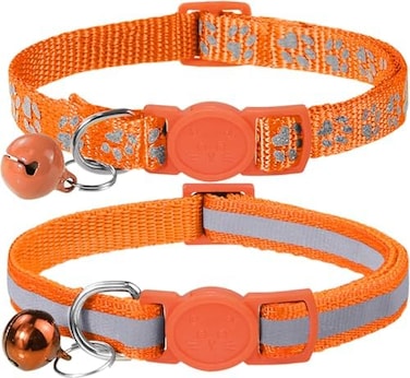 Taglory Reflective Cat Collar with Bell and Safety Release, 2-Pack Girl Boy Pet Kitten Collars Adjustable 19-32cm Orange.
