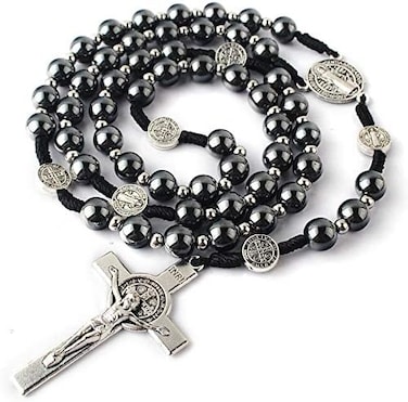HanlinCC 8mm Hematite Rosary Black Stone Beads with 4mm Stainless Steel Beads and St. Benedict Metal Beads Rosary Necklace with MedalCross For Men and Womens.