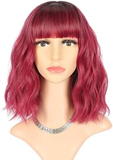 FAELBATY Pink Ombre Bob Wig With Bangs - Synthetic Cosplay Wig for Women - 12" Dark Red.