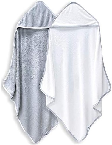 BAMBOO QUEEN 2 Pack Baby Bath Towel Rayon Made from Bamboo Ultra Soft Hooded Towels for Babies,Toddler,Infant Newborn Essential Perfect Baby Registry Gifts, 37. 5x37. 5 in Grey and White.