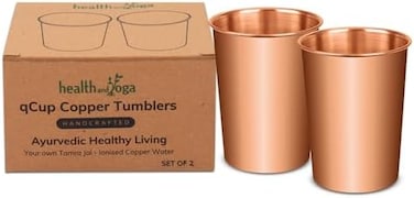 SoulGenie HealthAndYoga qCup Pure Copper Tumblers for Drinking - Ayurvedic Health Pure Copper Cups &ndash; 2 pcs. set - 250 ml. (8 fl oz(Plain.