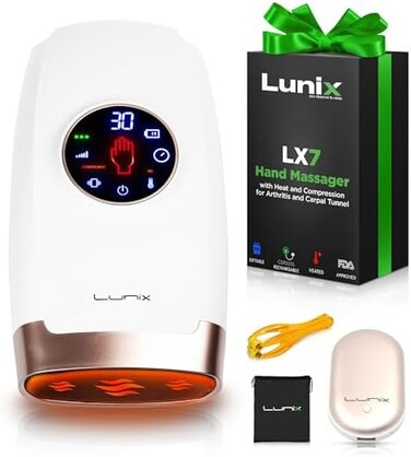 Lunix LX7 Touchscreen Electric Hand Massager with Compression, Pressure Point Therapy for Arthritis, Pain Relief and Carpal Tunnel, Shiatsu Massage Machine with Heat, with Hand Warmer, White.