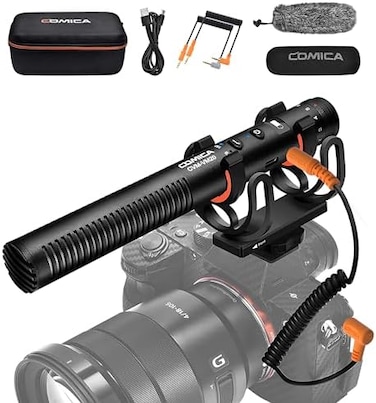 ميكروفون COMICA VM20 Shotgun، ميكروفون كاميرا فائق الاتجاهية مع حامل صدمات Rycote، وواقي من الرياح، وغطاء للرياح، وشاشة عرض طاقة OLED، وميكروفون فيديو للهواتف الذكية وكاميرات DSLR وكاميرات الفيديو وأج