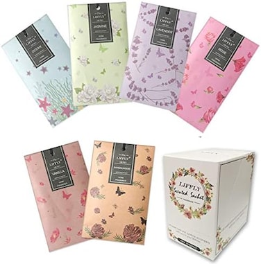 LIFFLY 14 Packs Scented Sachets Bag for Drawers and Closets Long-Lasting Home Fragrance Sachet Lavender Rose Jasmine Ocean Vanilla Sandalwood 6 Different Scent Gift Box.