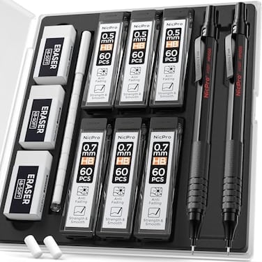 Nicpro 2 PCS Mechanical Pencil 0. 5mm0. 7 mm with Case, MP1000 Metal Artist Pencil Set with 4 Tubes HB Lead Refills, 2 Erasers, 9 Eraser Refills For Art Writing Drafting, Drawing, Sketch, Black.
