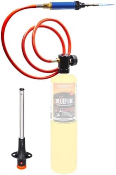BLUEFIRE Propane/MAP Gas Soldering Torch Head Multi-Function Kit with 3' HosePremium Portable Self-Igniting Welding Station with Adjustable Flame, Accessories Available, Fuel by 1lb MAPP Cylinder.