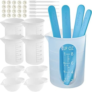 Nicpro Silicone Measuring Cup Set, 250 ml and 100 ml Mixing Cups, Mixing Rods, Silicone Cups, Pipettes, Finger Cots for Epoxy Resin, Moulds, Waxing, Easy to Clean.