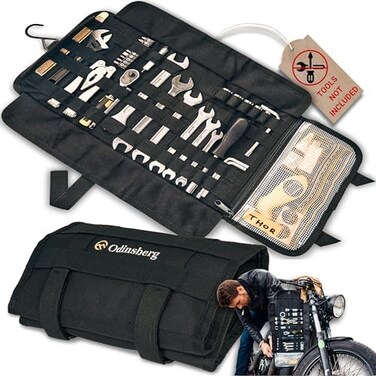 Odinsberg Heavy Duty Motorcycle Tool Roll Bag - Empty Organizer Pouch With Elastic Loops, Pocket MOLLE Webbing for Wrench Kit - MC Bike ATV UTV - Tools NOT Included.