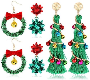 NVENF Christmas Earrings for Women Xmas Bow Wreath Earrings Long Tassel Christmas Tree Earrings Festive Gifts Holiday Accessory.