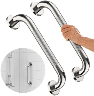 iMomwee Chrome Shower Grab Bar 12 Inch, 2 Pack Stainless Steel Handicap Grab Bar W/Anti-Slip Knurled Grip, Bathroom Balance Support Bar Toilet Safety Assist Handle Handrail for Elderly Senior Disabled
