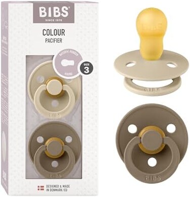 لهاية أطفال ملونة من BIBS، عبوة من قطعتين، صنع في الدنمارك، خالية من مادة BPA، لهاية مستديرة من المطاط الطبيعي، مقاس 3 (18 شهرًا)، فانيليا/بلوط داكن.