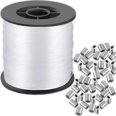 Cerpourt Clear Invisible Hanging Wire 0. 9mm Up to 60lbs,656Feet(200MStrong Nylon Thread for Beading Sewing Ornaments with 60Pcs Aluminum Crimping Sleeves,Hanging Kit for Picture Frame,String Light Ha