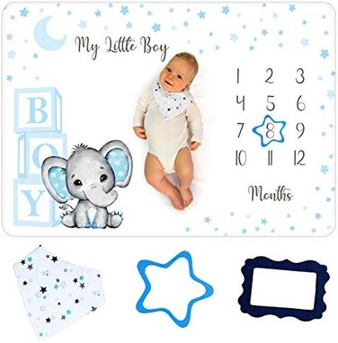 Amity Baby Monthly Milestone Blanket Boy - Premium Extra Soft Fleece Blanket for Shower - Newborn Month Milestone Blanket for Boy Nursery Decor - Capture Growth - with Bib2 Frames.