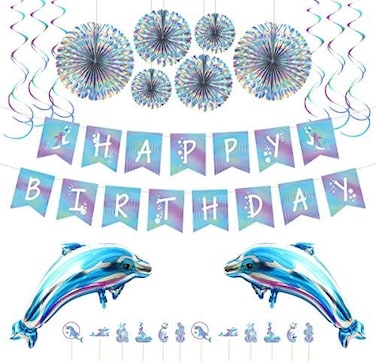 HOZI DOKIMA Dolphin Blue Ocean Birthday Party Decoration Pack Include Balloons, Spiral Charms, Paper Fans, Cupcake Toppers, Happy Birthday Banner.