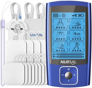 NURSAL TENS EMS Unit Muscle Stimulator for Pain Relief Therapy, Electric 24 Modes Dual Channel TENS Machine Pulse Massager with 12 Pcs Electrode Pads/Continuous Stable Mode/Memory Function.