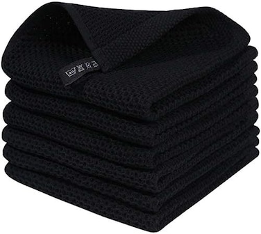 Homaxy 100% Cotton Waffle Weave Kitchen Dish Cloths, Ultra Soft Absorbent Quick Drying Dish Towels, 12x12 Inches, 6-Pack, Black.