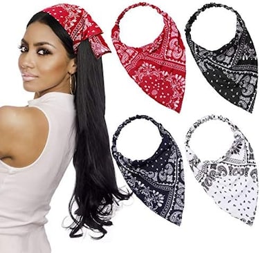 Syhood 4 Pieces Elastic Hair Scarf Headband Print Vintage Turban Hair Scarves Headwrap Triangle Kerchief Head Scarf Hair Bandanas for Women Girls.