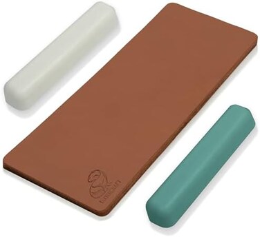 BeaverCraft Leather Strop Kit for Knife Sharpening Carving Knife Strop with Green-GrayWhite Polishing Compound - Leather Sharpening Strop 2-sided 3 x 8 IN, Leather Honing Strop Block LS2P11.