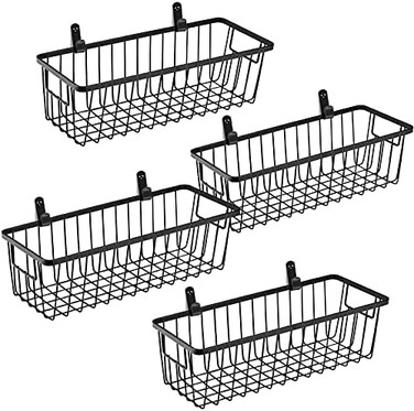 SheeChung Farmhouse Metal Wire Bin Basket with Wall Mount - Small, 4 Pack - Portable Hanging Wall Basket, Rustic Home Storage Organizer for Cabinets, Pantry, Closets, Bathroom, Kitchen,Bedroom(Black.