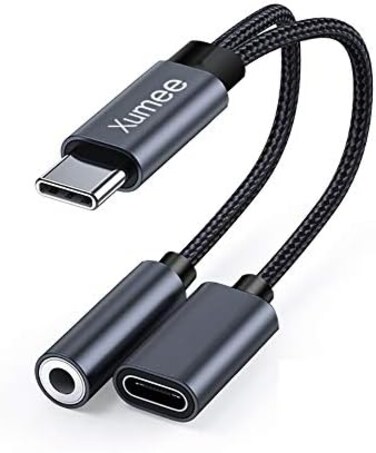 Xumee USB Type C to 3. 5mm Headphone and Charger Adapter, 2-in-1 USB C to Aux Audio Jack Hi-Res DAC and Fast Charging Dongle Cable Compatible with iPhone 15 Pro Max,Galaxy S24 S23 Ultra S22 S21 (Grey.