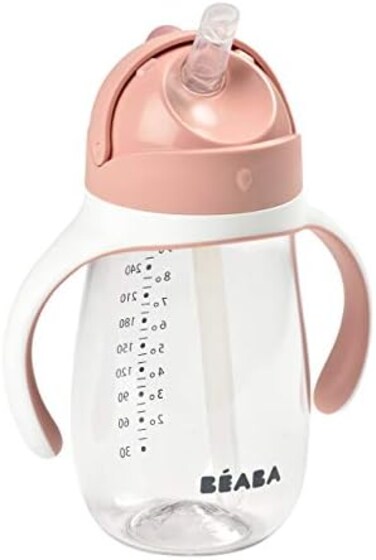 BEABA B&eacute;aba Straw Sippy Cup, Sippy Cup with Removable Handles, Sippy Cup with Straw, Baby Straw Cup, Toddler Cup for Toddlers 1-3 Years, Toddler Straw Cups, 8months, 10 oz, Rose.
