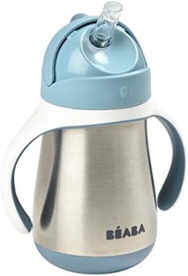 B&eacute;aba Stainless Steel Straw Sippy Cup, Sippy Cup with Removable Handles, Sippy Cup with Straw, 8months, 8. 5 oz (Rain.