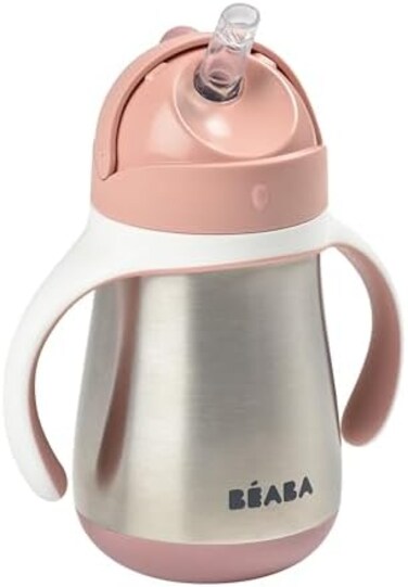 B&eacute;aba Stainless Steel Straw Sippy Cup, Sippy Cup with Removable Handles, Sippy Cup with Straw, 8months, 8. 5 oz (Rose.