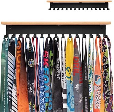iBobbish Premium Trophy and Medal Display Shelf 16inchL,Metal Trophy Shelf with hooks Upgraded,Large Trophy Board Display,Sturdy trophy shelf with hooks for medals in Black Metal Wall Mount Over 60 Me