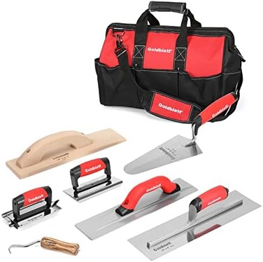 Goldblatt 8 Pieces Masonry Hand Tool Set Includes Finishing Trowel, Gauging Trowel, Groover, Edger, Extruded Alloy Float, Wood Float and Wire Twister, Organized in Tool Bag.