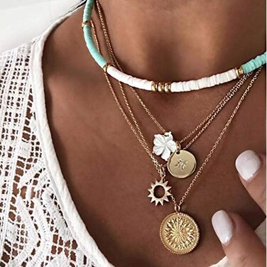 Gangel White Heishi Surfer Choker Layered Necklace Gold Flower Helios Necklace Choker Summer Pendant Jewelry for Women.