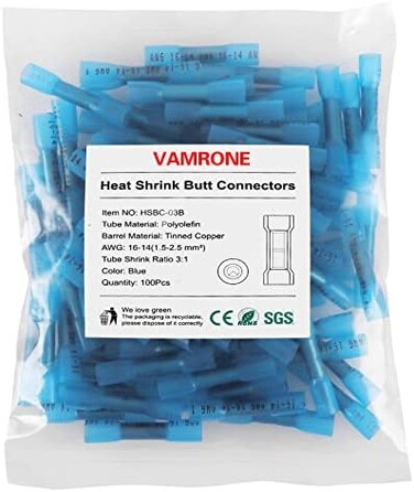 VAMRONE Heat Shrink Butt Connectors, 100Pcs 16-14 AWG Blue Insulated Waterproof Electrical Wire Connectors Automotive Marine Grade Wire Crimp Terminals Butt Splices, Ideal for Boat, Truck, Stereo - Bl