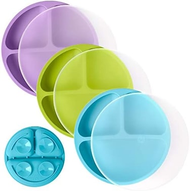 WeeSprout Suction Plates with Lids for BabiesToddlers100% SiliconePlates Stay Put with Suction FeatureDivided DesignMicrowaveDishwasher Safe3 Pack.