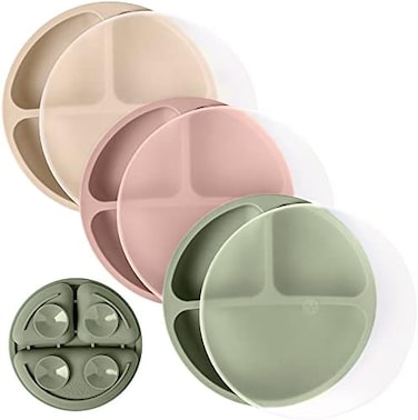 WeeSprout Suction Plates with Lids for BabiesToddlers - 100% Silicone, Plates Stay Put with Suction Feature, Divided Design, MicrowaveDishwasher Friendly, 3 Pack.